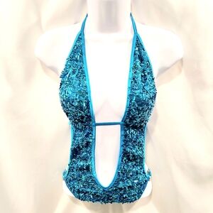 Metallic Blue Full Sequin Halter & Back Ties Backless Full Plunge Scrunch Butt